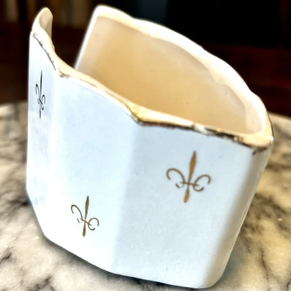 VTG 1950s 50s Ceramic White Gold Fleur de‎ Lis Lys Flatware Caddy Spoon Rest